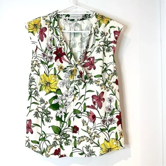 Veronika Maine top blouse floral tie front white pink yellow ladies size 6 - Picture 1 of 6